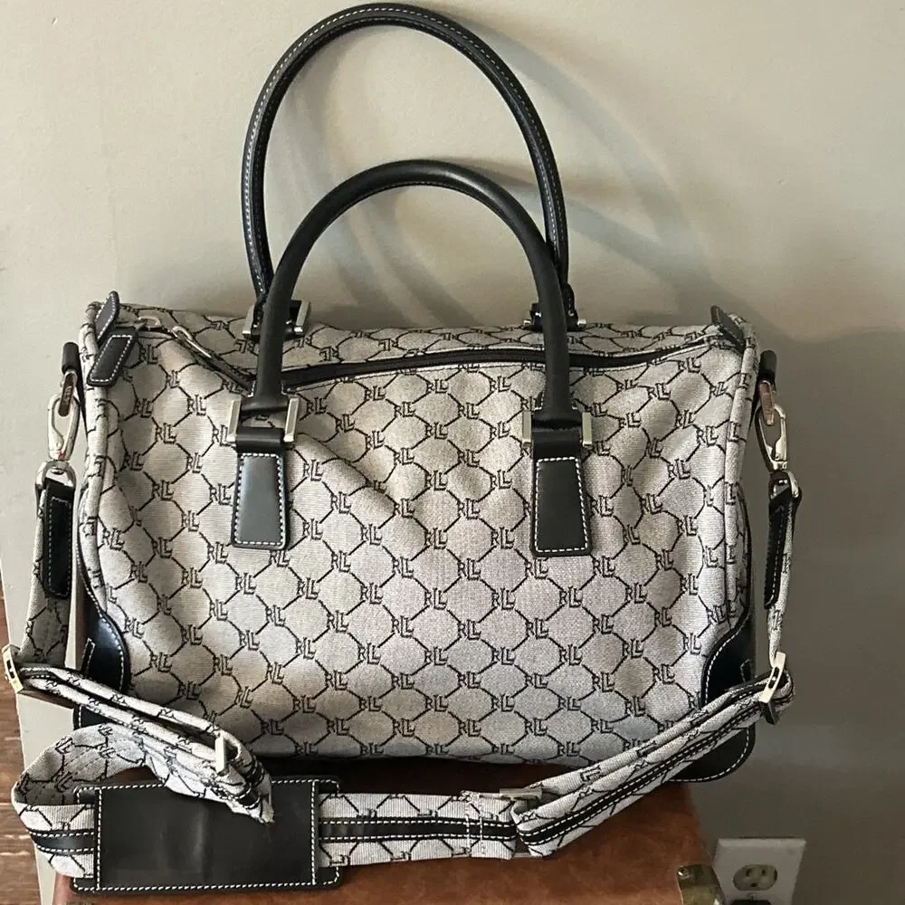 Vtg Lauren Ralph Lauren Monogram Duffle Travel Overnight Bag Gray Black